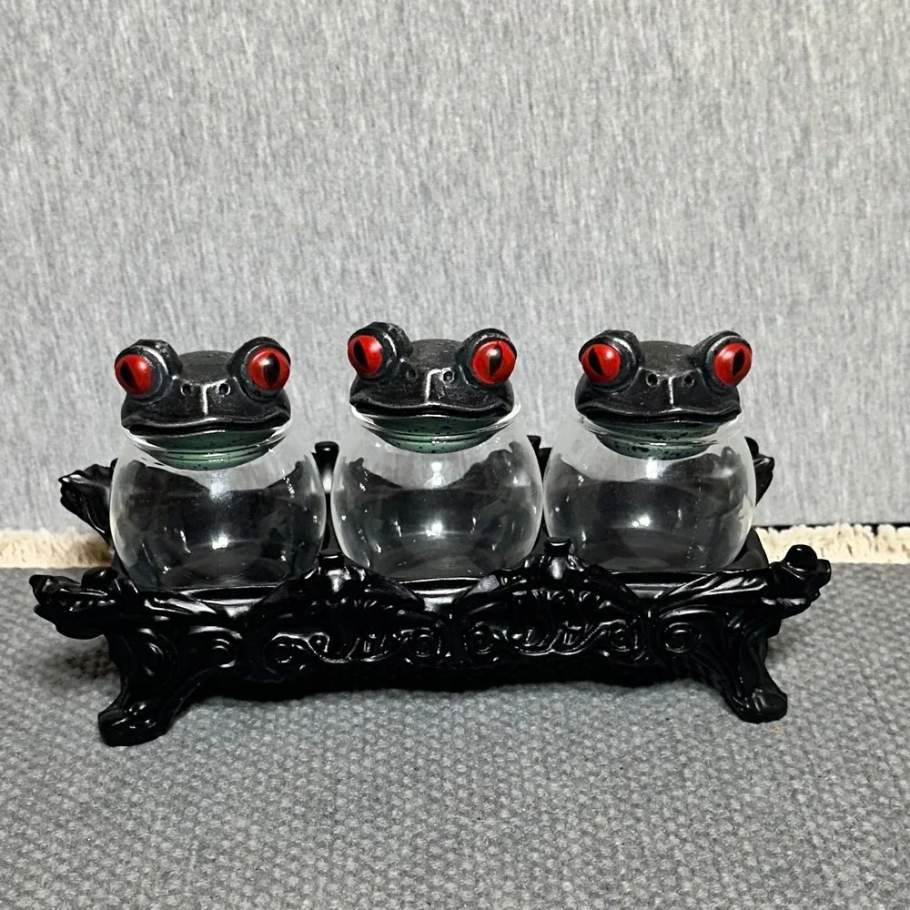 Gothic Frog Spice Jar Set 3 Glass Apothecary Bottles Ornate Black Display Base